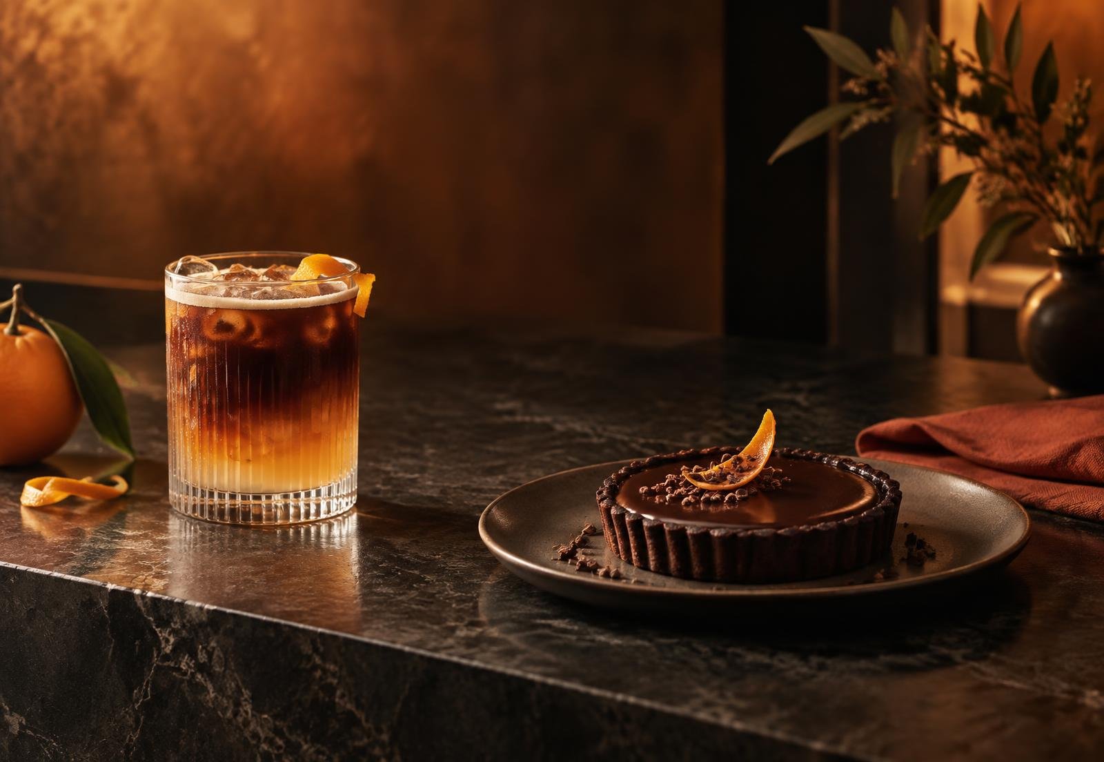 Seasonal espresso tonic and dark chocolate tart